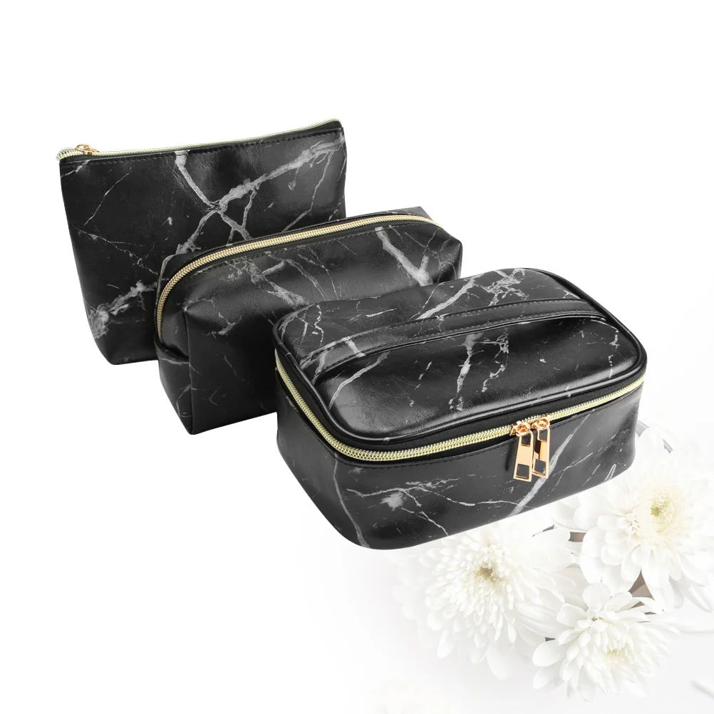 

3pcs 1 Set Cosmetics Bag Makeup Brush Storage Bag Handbag Marbling Printed for Women (Black)