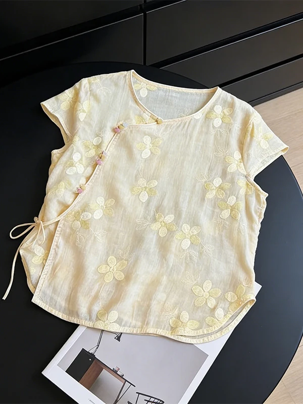 

plus Size Embroidered Cotton Linen Shirt Women's Slimming Floral Top Spring Summer New Style Peach Color Versatile Slimming S...