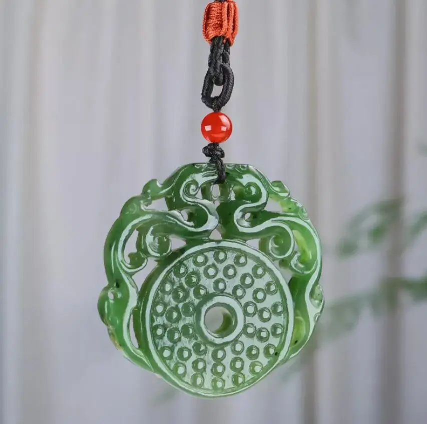 Chinese Natural Grade A Green HeTian Jade jadeite Hand-Carved pendant Two Dragon