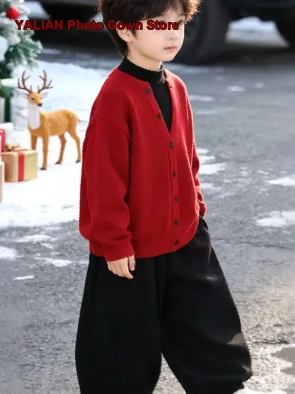 Boys Two-Piece Look Pullover Sweater Kids Autumn Winter Thickened Raglan Sleeves Fancy Outfit
