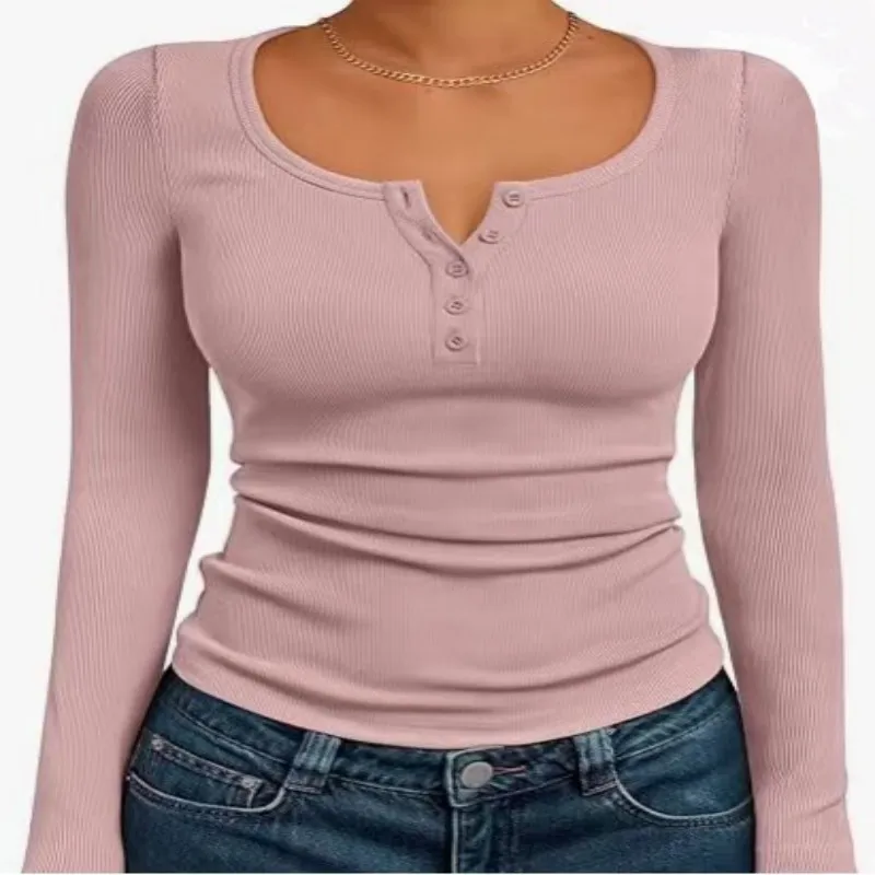 Frauen Herbst Frühling Top O Neck Button Langarm Shirts Einfarbig Slim Fit Pullover T-shirt Bluse Einfache Stil Dame Kostüm – Detail 10