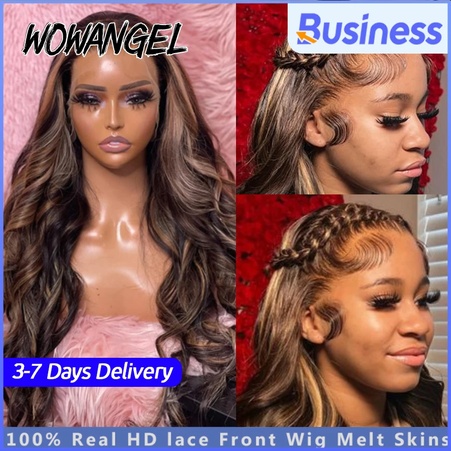 

Wow Angel 250% 13x4 HD Lace Frontal Wigs Body Wave Highlight Wig Pre Plucked Melt Skin Full Lace Frontal Wig HD Lace Closure Wig