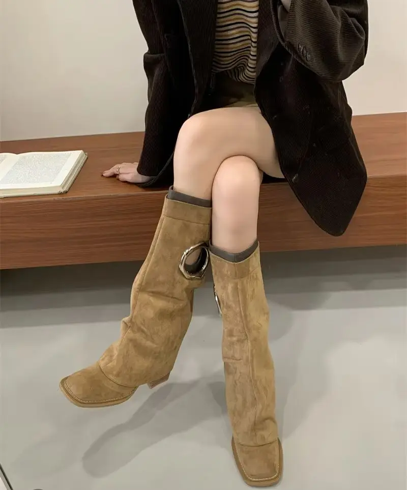 ZAROY Suede Knee High Boots Women Autumn Winter Square Toe Straight Leg Long Booties Punk Hole Chunky Heels Brand Designer Botas image 4
