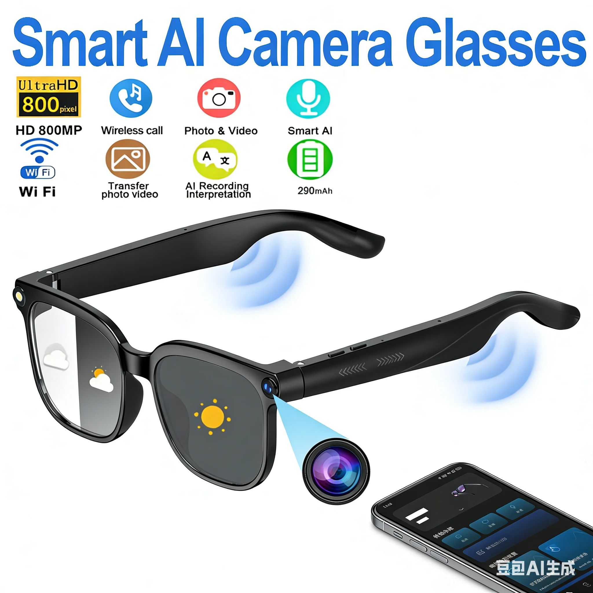 2026년형 새로운 AI 스마트 번역 안경 초경량 8MP HD 카메라 사진 비디오 녹화 블루투스 통화 음악 피트니스 스포츠