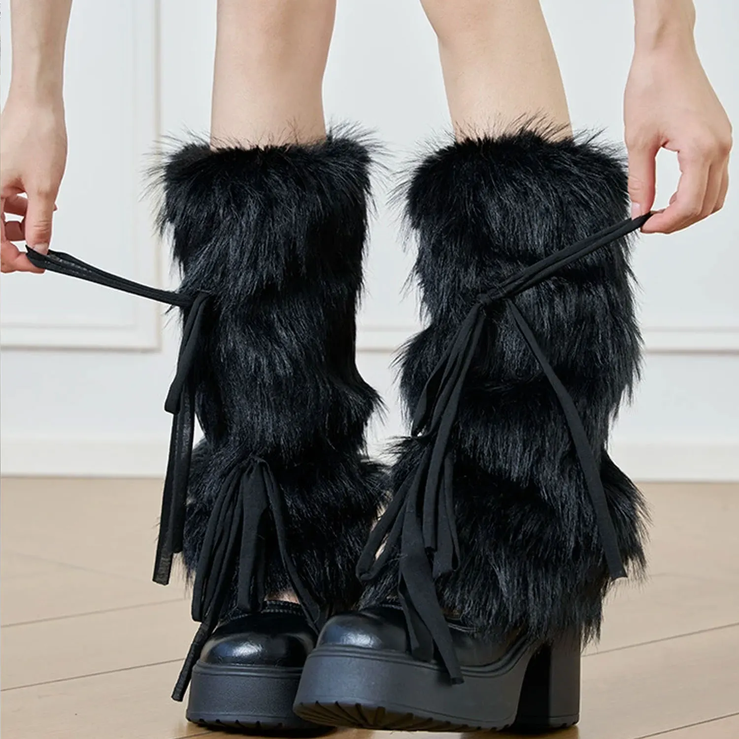

Winter Thickened Plush Bow Tie Leg Warmers Imitation Rabbit Fur Plush Cold Protective Leggings Boot Cover Y2k Punk Long Socks