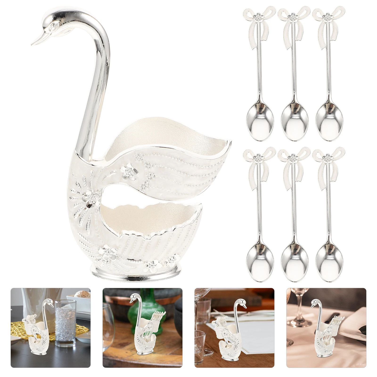

1 Set Coffee Scoop Holder Dessert Spoon Set Swan Shape Metal Storage Rack Kitchen Teaspoons Ice Cream Mixing Spoons Spoon Stand