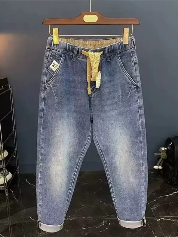 

Spring Autumn Slim Fit Stretchy Straight Leg Jeans Men's Korean Sle Trendy Elastic Waist Casual Versatile Nine Point Pants