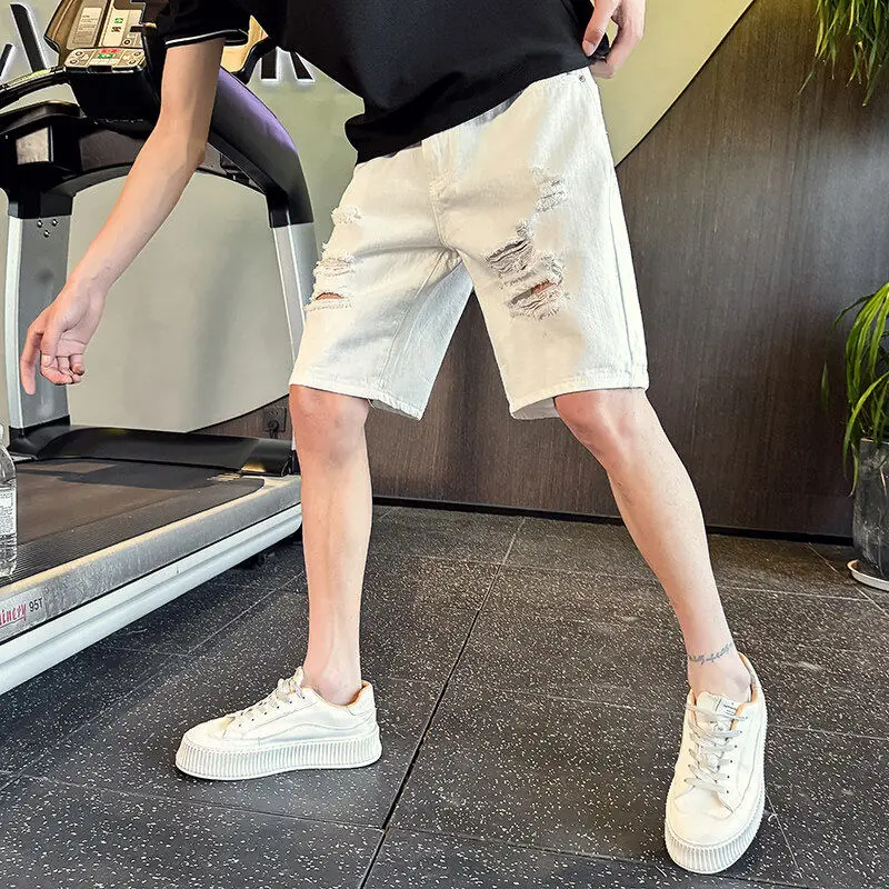 

White Small Size Men's Jeans orts Summer Faion Hole Punching Denim orts S Size Slim Fit Youth Casual Knee-Length