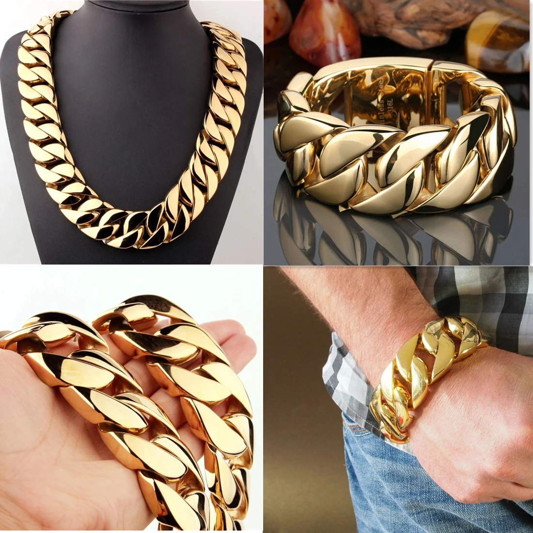 31MM Mens Heavy Duty 18K Gold Curb Cuban Chain Necklace or Bracelet 316L Stainless Steel Huge Link Men's Women's  Jewelry