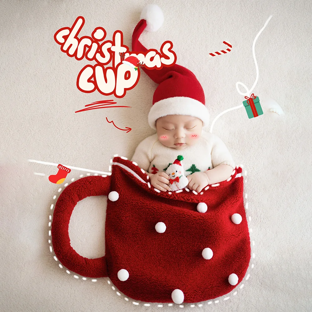 عيد الميلاد موضوع الوليد التصوير الدعائم الطفل محبوك بذلة + سانتا طقم قبعات استوديو الصور أفخم جيوب خلفية الملحقات