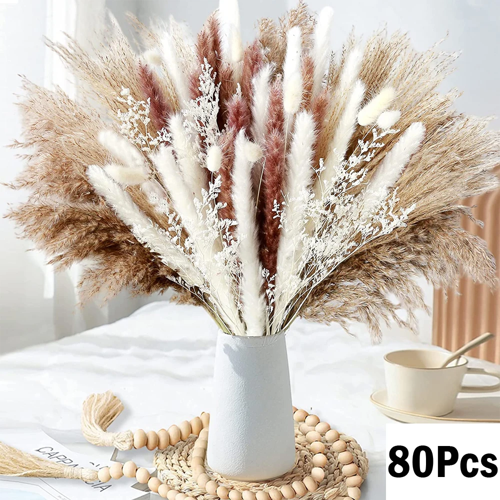 Natuurlijke Pampas Gedroogde Bloemen Boeket voor Boho Home Vaas Decor Bunny Konijn Staarten Gras Kunstbloem Bruiloft Decoratie