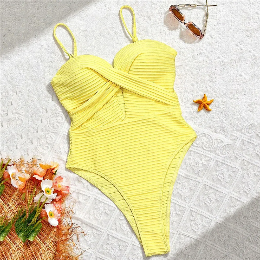 الصلبة الأصفر مضلع ملابس السباحة مثير البطن تحكم ملابس السباحة قطعة واحدة امرأة 2026 الجوف خارج الاستحمام لباس سباحة ارتداء Monokini #1