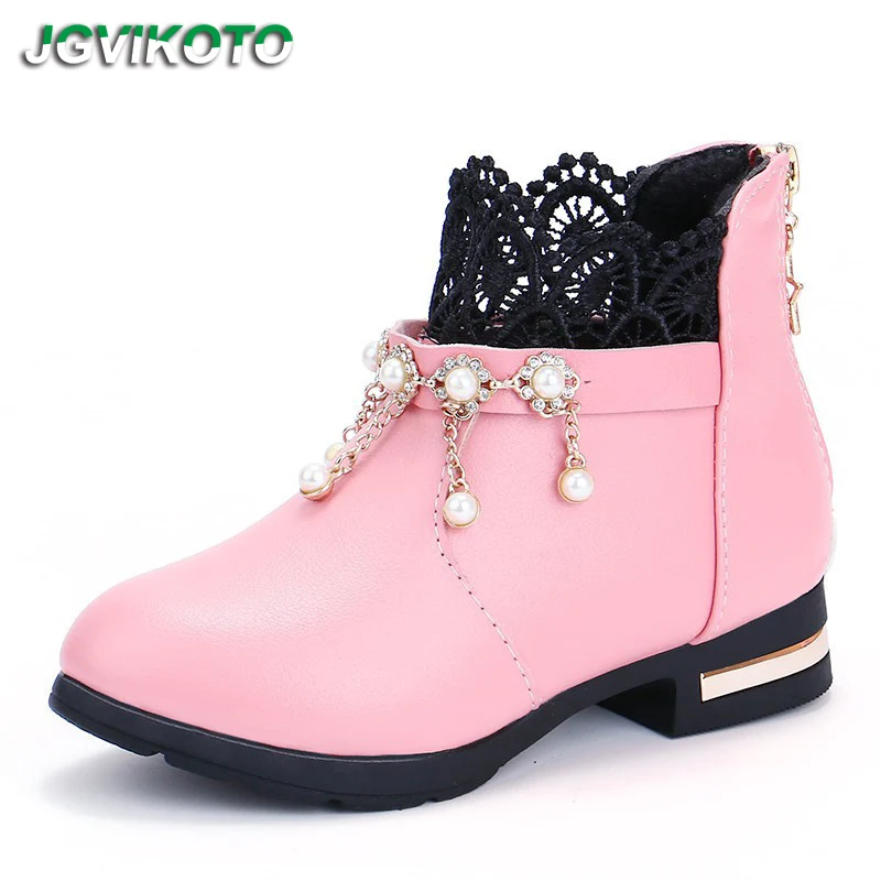 JGVIKOTO Autumn Winter Kids Girls Boots Princess Lace With Pearl Beading Pendant Children Rubber Boots PU Leather Sweet 27-37