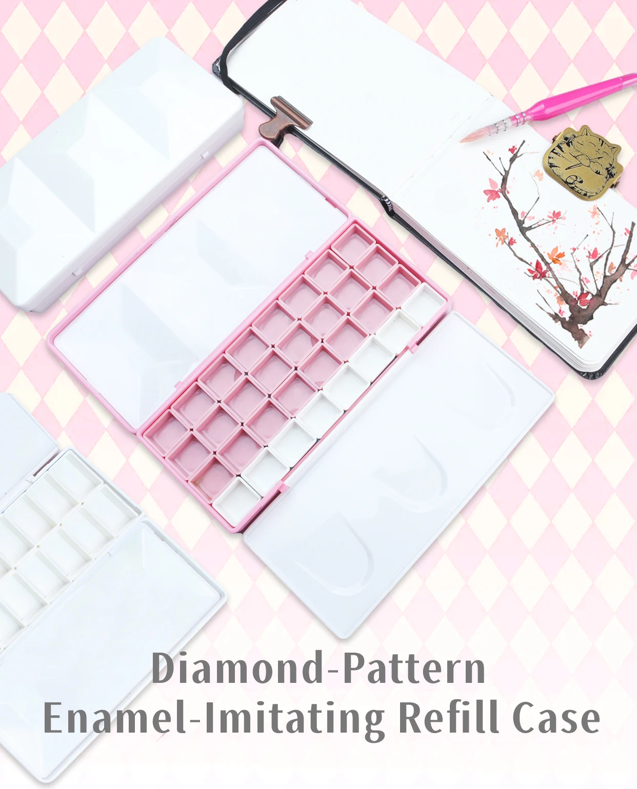 SeamiArt 1 Stück Großformatige Emaille-Imitat-Diamant-Reisepalette mit 32 Magnet-Halbpfännchen für Aquarellfarben-Unterverpackung – Detail 1