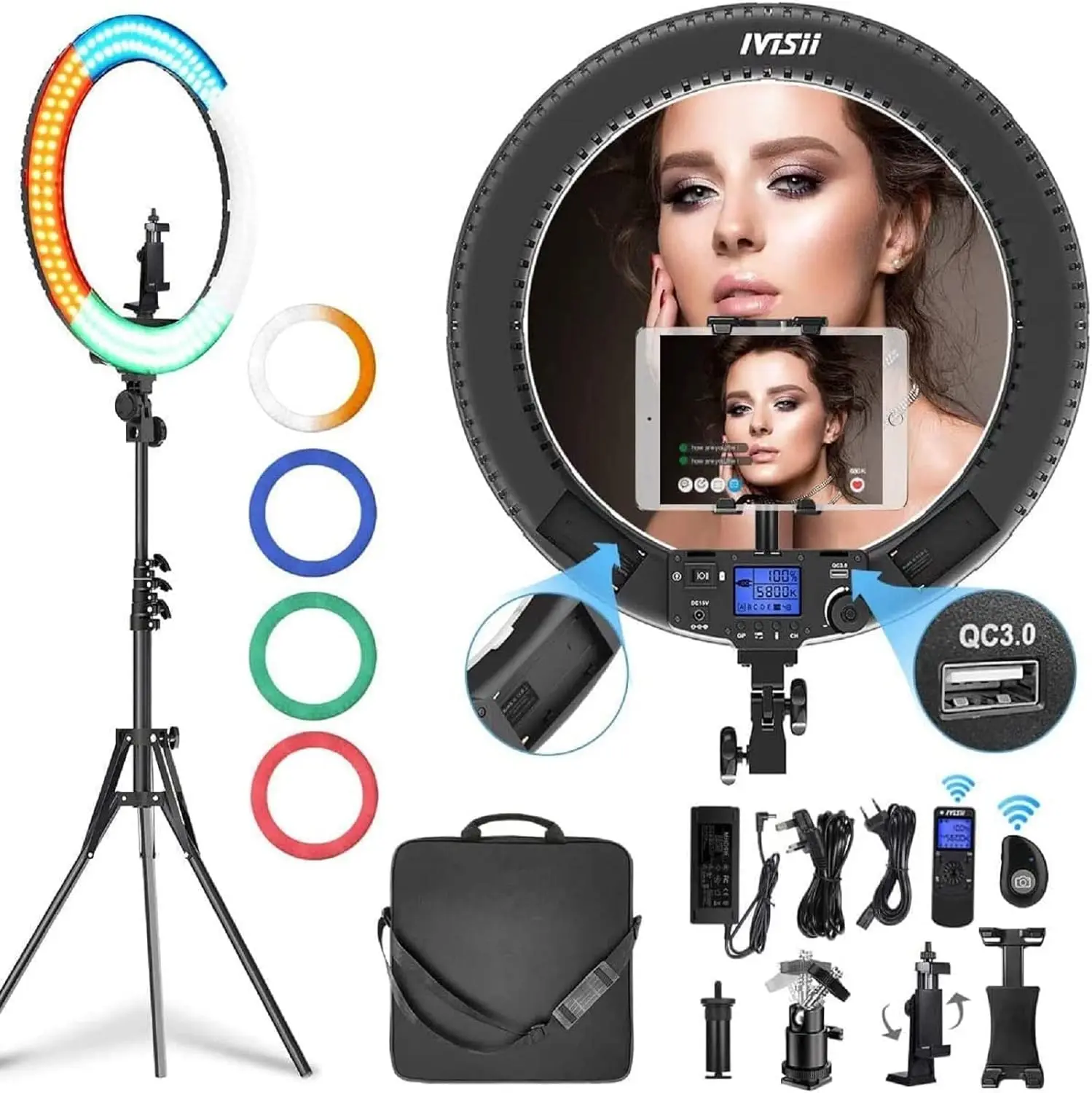 

19 inch Ring Light with Remote Controller and Stand ipad Holder,60W Bi-Color with 4 Color Soft Filters for Live Stream/M