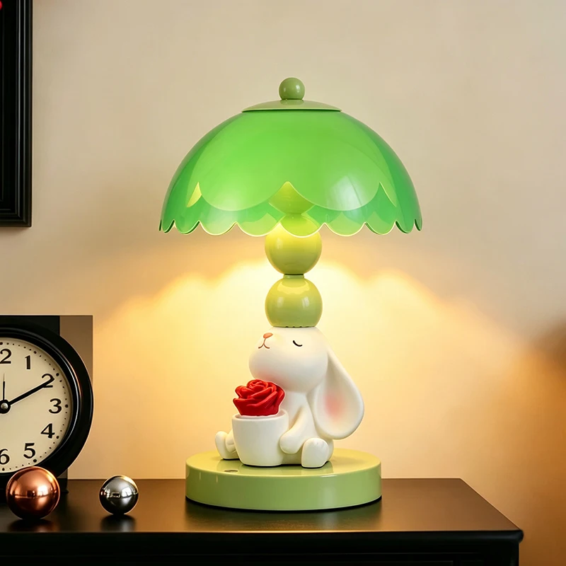 Cute Lop Rabbit Rose Table Lamp Green Scalloped Lampshade Warm Night Light Bedroom Desktop Sweet Ambient Decor Lighting Ornament