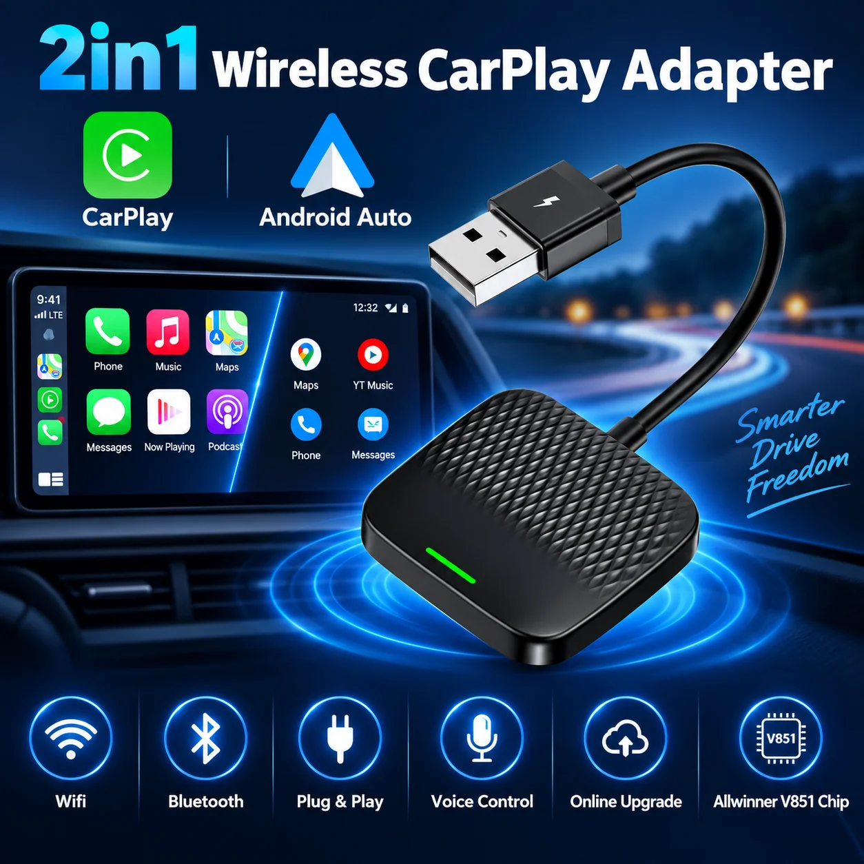 Wireless Carplay Adapter Android Auto 2in1 Smart Dongle 5G WIFI For iphone Android Phone For Volvo Benz MG Kia Chery VW Audi VW