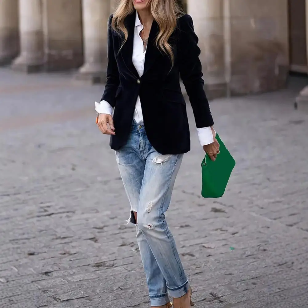 Notched Collar Suit Jacket Elegant Velvet Suit Coat with Notched Collar Single Button Closure Versatile Office for Stylish