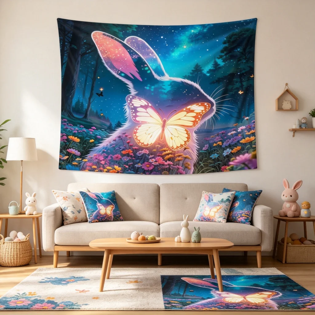 1PC Rabbit Butterfly Field Art Print Backdrop Banner, Bedroom Living Room Photo Background, Polyester, Home Decor, Wall Art