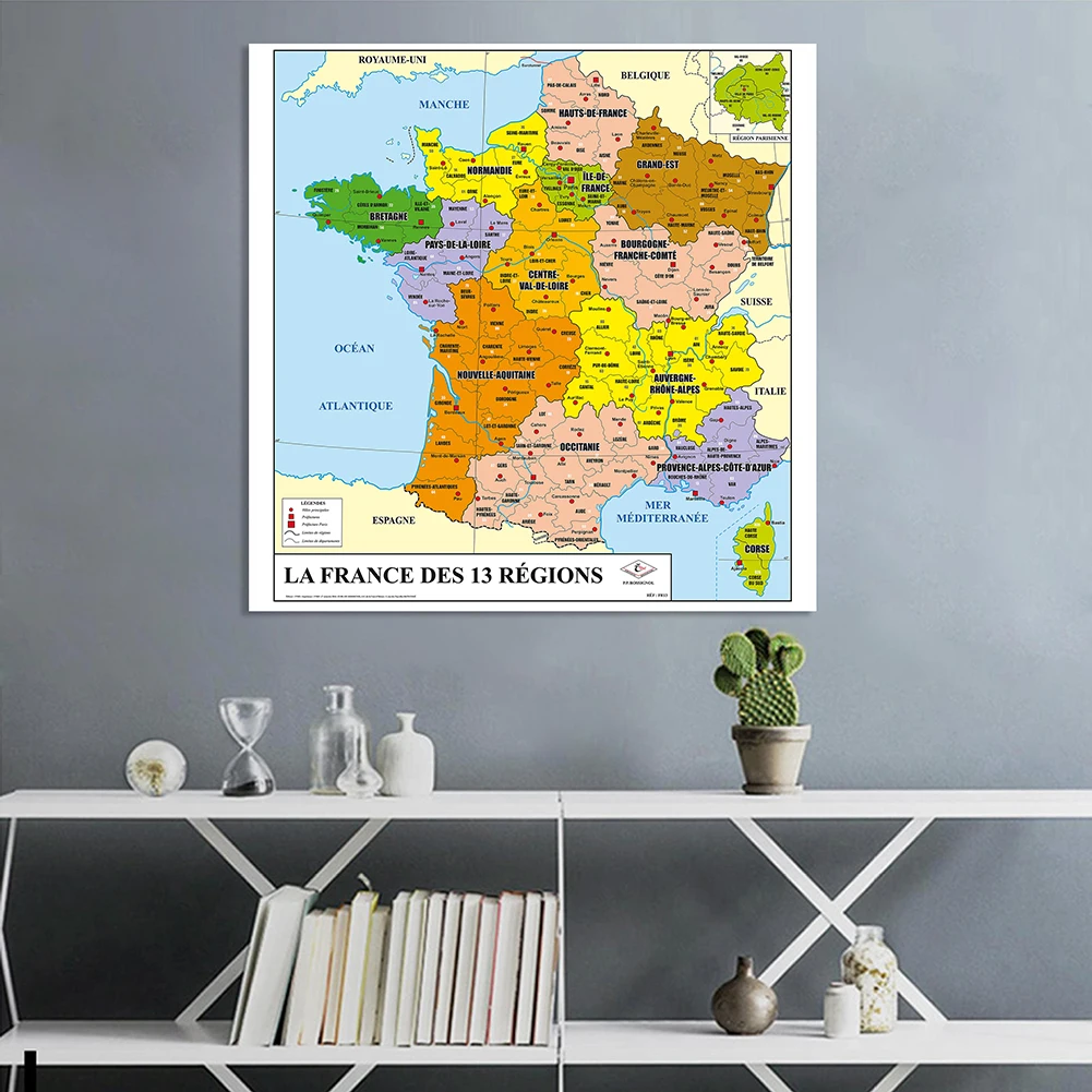 The France map in French ไวนิลโปสเตอร์ติดผนัง, ภาพวาดผ้าใบนอนวูฟเวนสำหรับห้องเรียนของตกแต่งบ้านเครื่องใช้สำนักงาน150*150ซม.