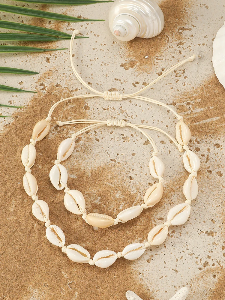 Beach Vacation Style Shell Necklace for Women Hemp Rope Weaving Ocean Shell Bracelet Set