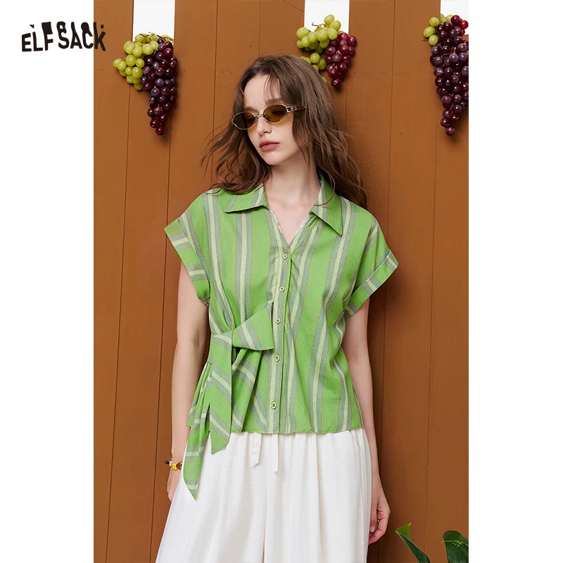 

ELFSACK Striped Knot-Front Short Sleeve Shirt, Turn-Up Cuff Cropped Blouse, Casual Green Stripe Wrap Top for Women