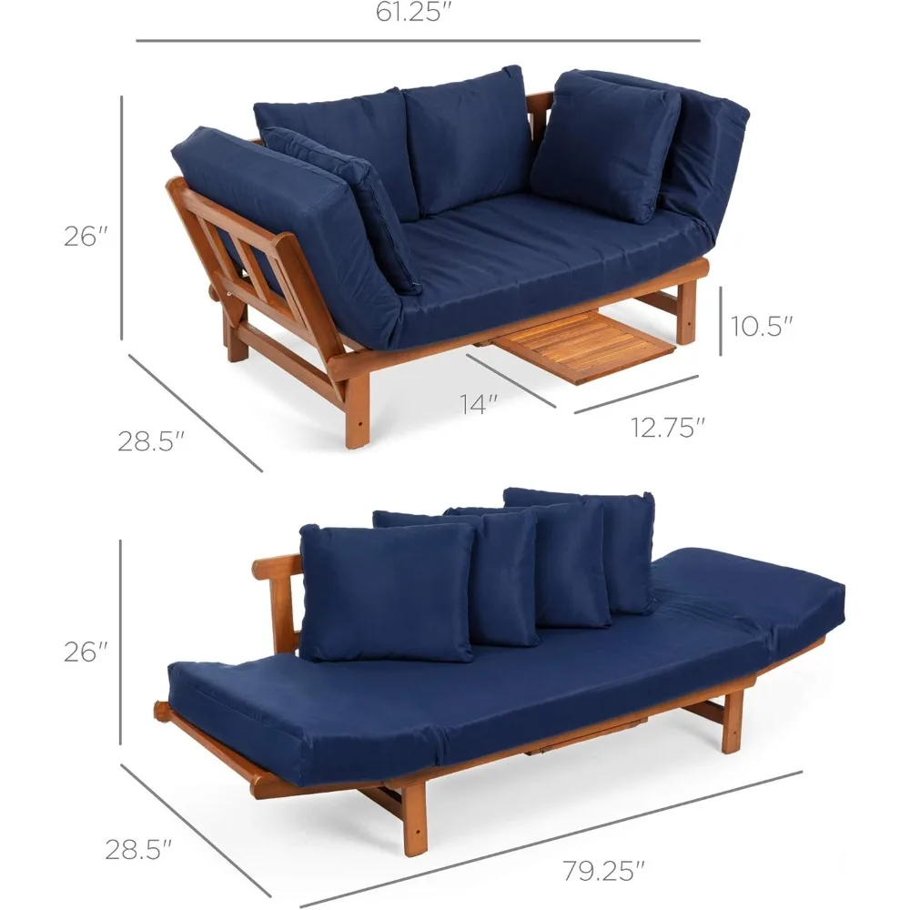 Outdoor Convertible Acacia Wood Futon Sofa Furniture for Patio, Balcony, Poolside, Backyard W/Pullout Tray- Navy Blue