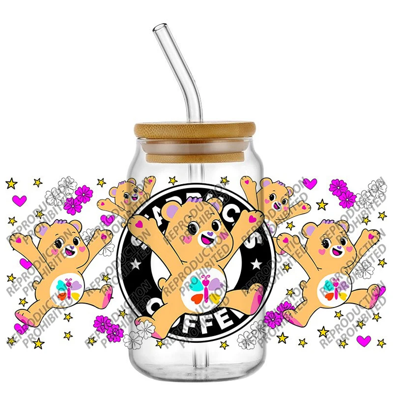 

Popular Care Cute Bears Waterproof DIY Decals 3D Transfers Stickers 16oz UV DTF for Glasses cup Wraps
