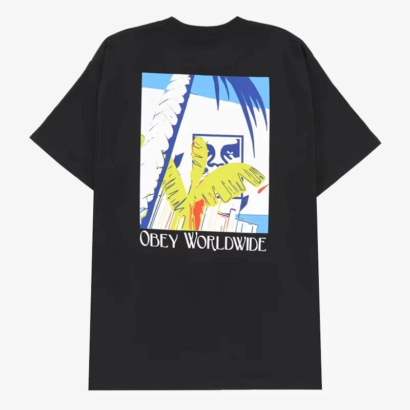 2025 nueva camiseta con estampado de vacaciones OBEY de verano para hombre, ropa de calle de monopatín de Hip Hop, ropa de calle holgada de algodón con cuello redondo, moda
