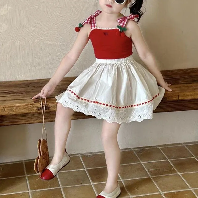 Sweet Cute Summer New Girls Sling Contrast Color Spliced Bow Sleeveless Slim Elastic Hollow Out Bright Line Decoration Skirt Set