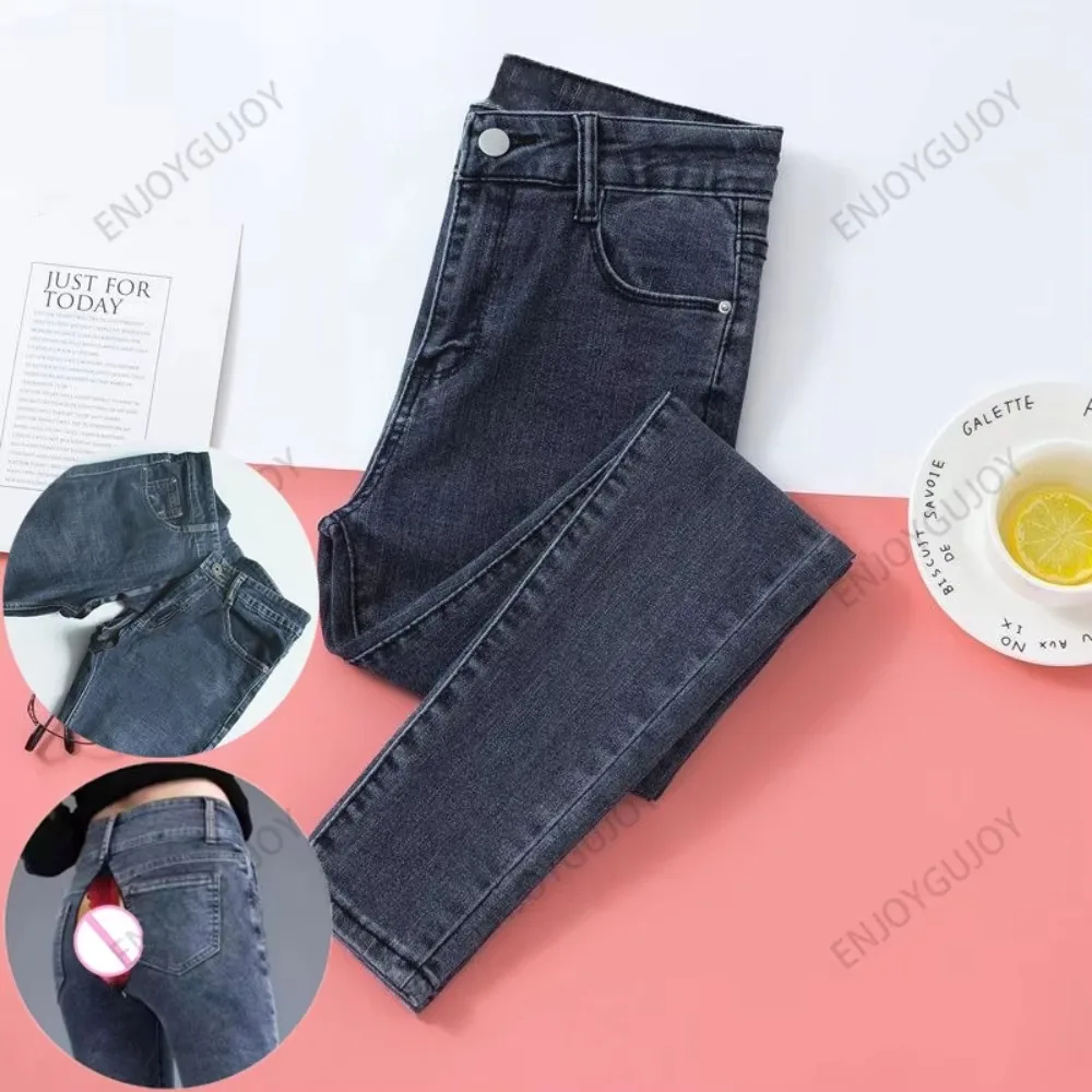 Calças de veludo invisível virilha aberta sexo ao ar livre, jeans femininos cintura alta, calças jeans elásticas plissadas, tendência exótica streetwear