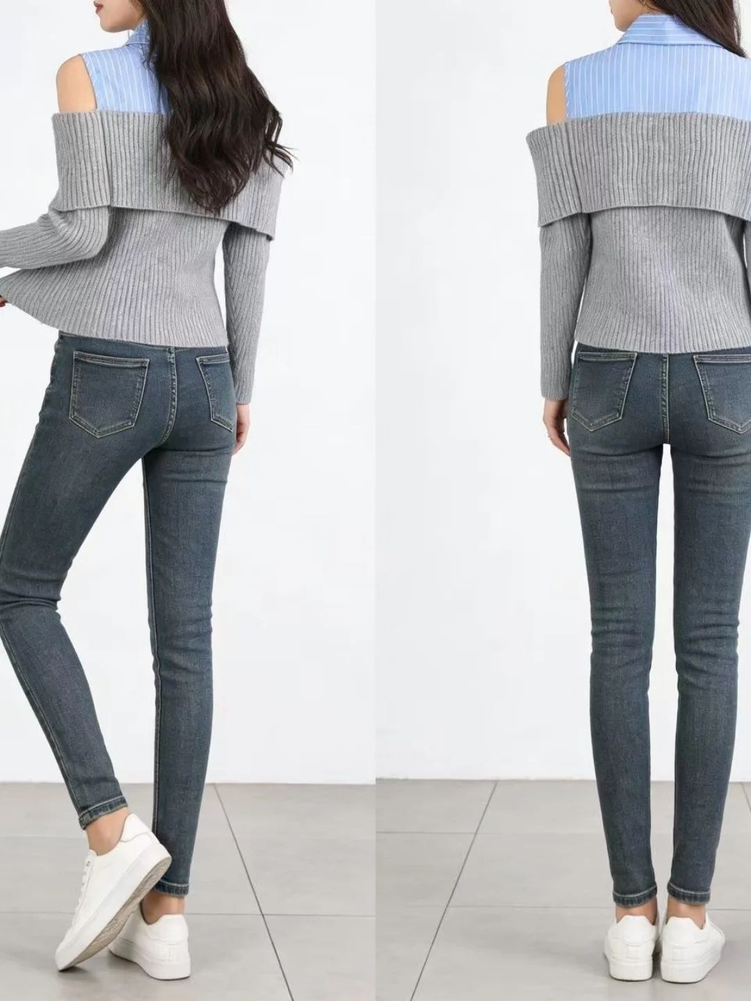 Sweter damski z dzianiny, dopasowany, z odkrytymi ramionami, z kołnierzykiem, idealny na wczesną wiosnę, modny, artystyczny, długi rękaw.