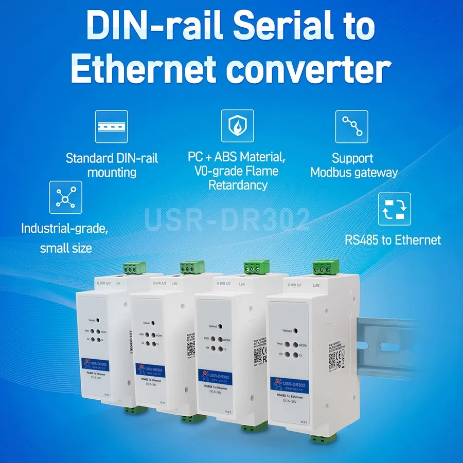 USR-DR302ราง DIN RS485แบบอนุกรมเป็นอีเธอร์เน็ต TCP IP เซิร์ฟเวอร์โมดูลอีเธอร์เน็ตตัวแปลง Modbus RTU เป็น Modbus TCP Unit 3