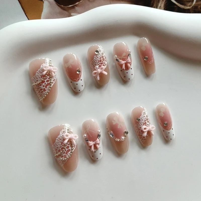 10Pcs French Style 3D Bowknot Rhinestone Lace Polka Dots Design Handmade Press on Nails Almond Shape Love Gentle Fake Nails