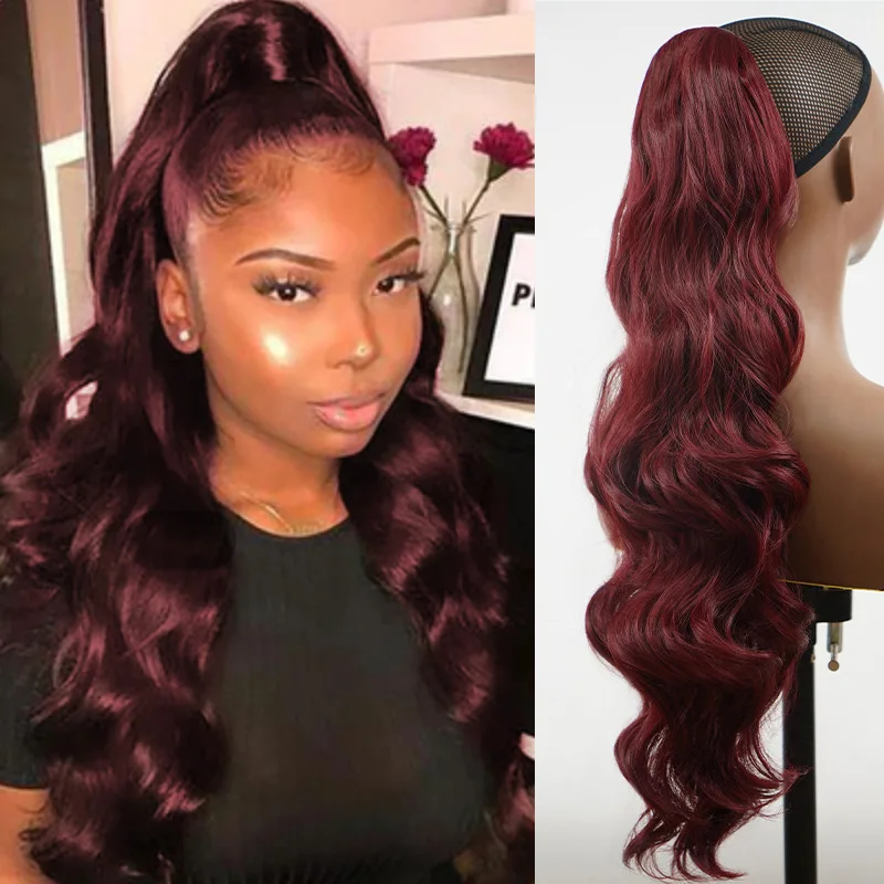 Extension de Queue de Cheval de Proximité Extra Longue, Postiche de Cheveux Ondulés et Bouclés en Fibre Synthétique Noire et Brune pour Femme