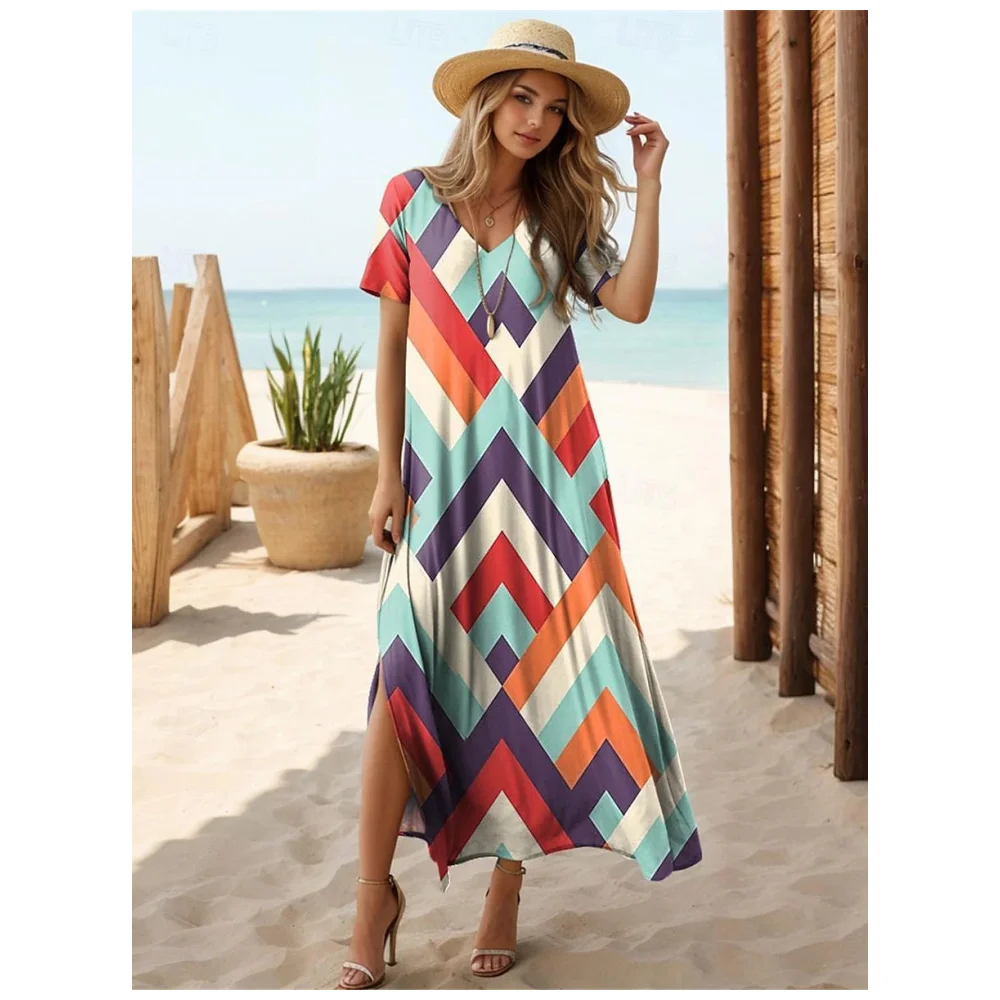 

Elegant Dresses For Women Geometric Colour Block Print V-Neck Long Dress Short Sleeve Slit Skirt Summer Holiday Woman Dresses