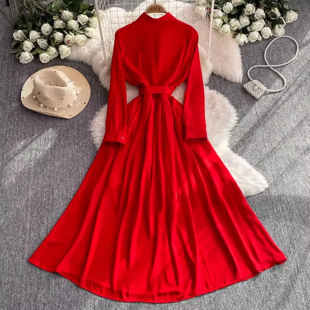 Design Fashion Women Lapel Shirt Dress 2024 New Elegant Autumn Single Breasted Lace Up Belt Chiffon Red Party Pleated Long Dress