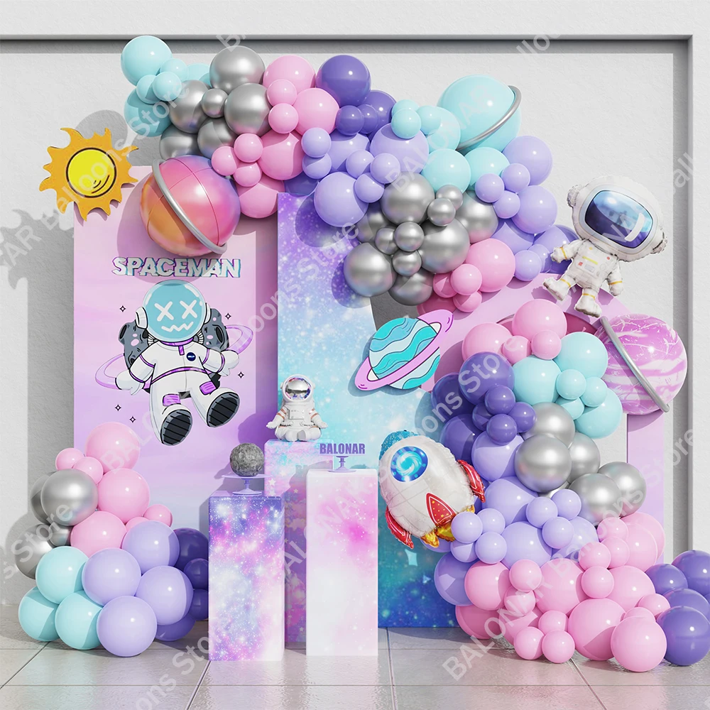 156Pcs Astronaut Rocket Balloon Garland Pink Purple Balloon Outer Space Theme Girls Birthday Party Decor Baby Shower Globos