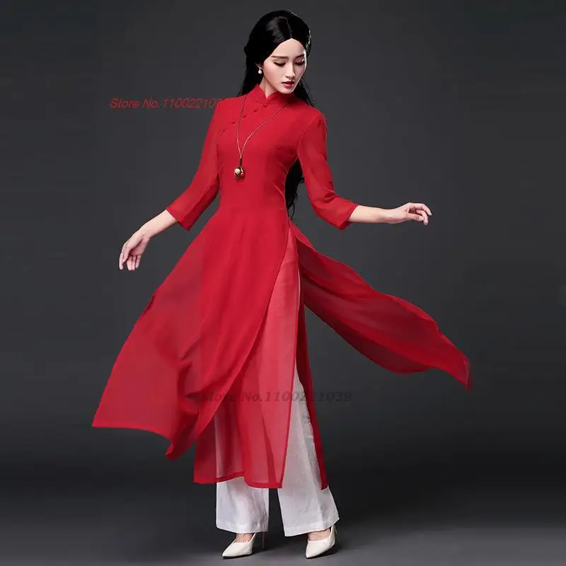 2024 vintage folk style aodai dress+pants set vietnam chiffon aodai elegant ao dai dress oriental dress cheongsam qipao dress