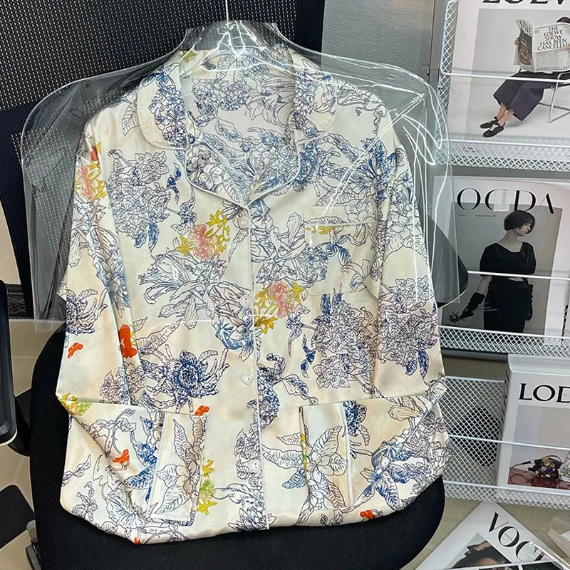 Pajamas Women's Silk Long-sleeved Pajamas Pajamas Suit Flower Printed High-grade Ice Silk Can Be Worn Outside Home Wear Pajamas