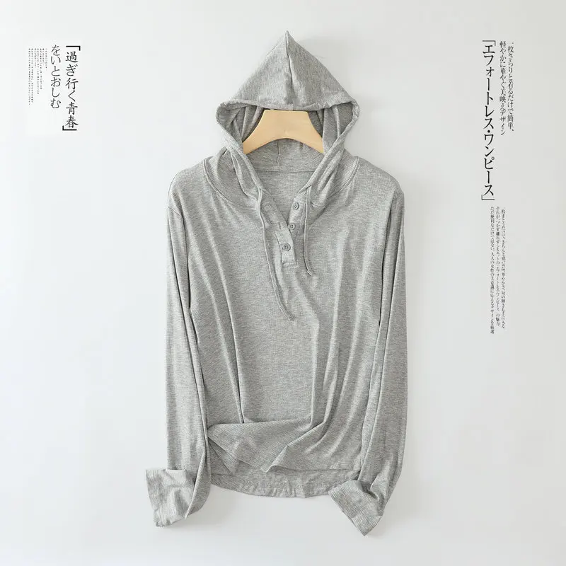 Autumn Rib cotton Buttons Hooded T-shirt Long sleeves casual Tshirt Solid color Women streetwear Tee Tops