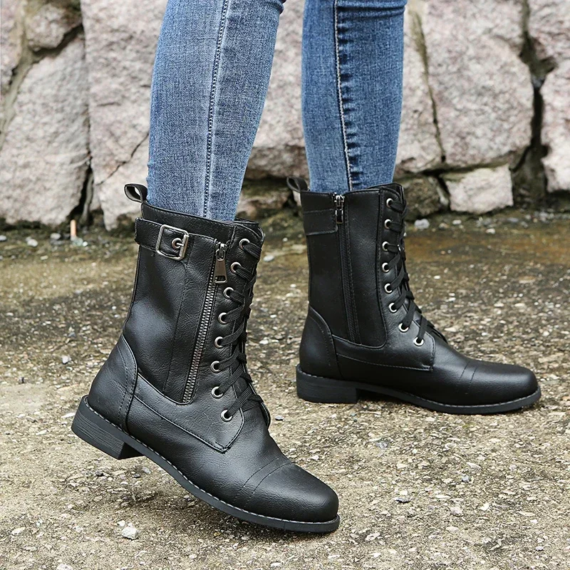 2024 New Plus Size Retro Women Western Boots Punk Lace Up Buckle Motorcycle Boots Zipper Mid Calf Boots Ladies Short Botas