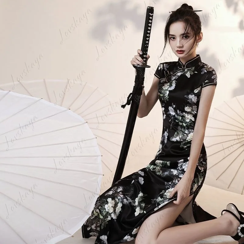 New Stylish Black Long Improved Cheongsam High-end Chinese Style Slim Fit Dress for Women