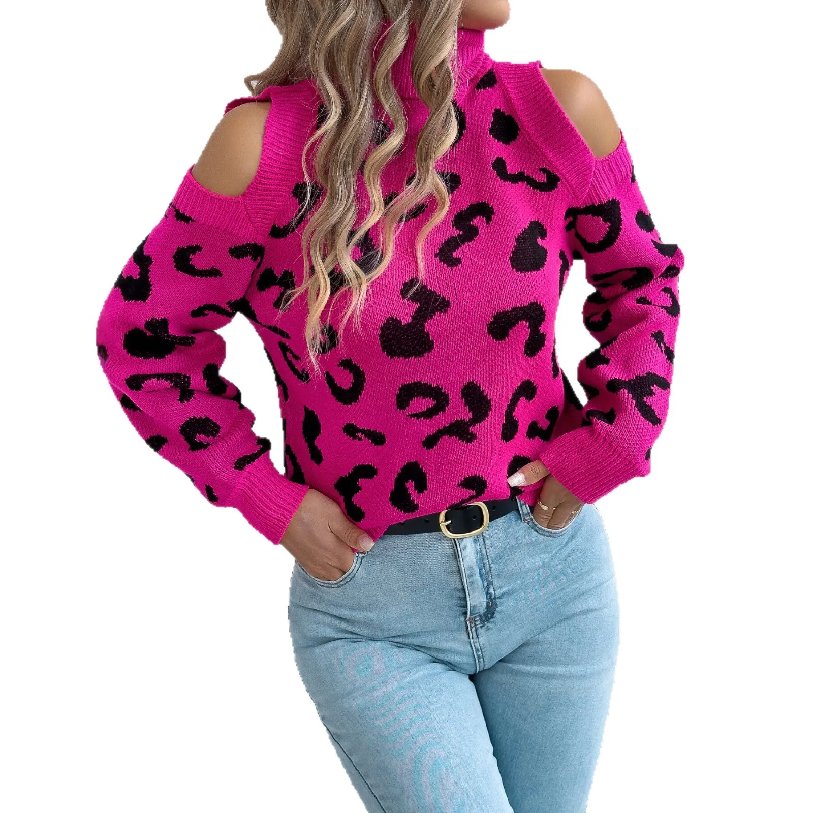 2026 Autumn Winter Women's Sweater Tops Sweaters Women Female Women's High-Neck Off-Shoulder Leopard Print Long-Sleeve Sweater