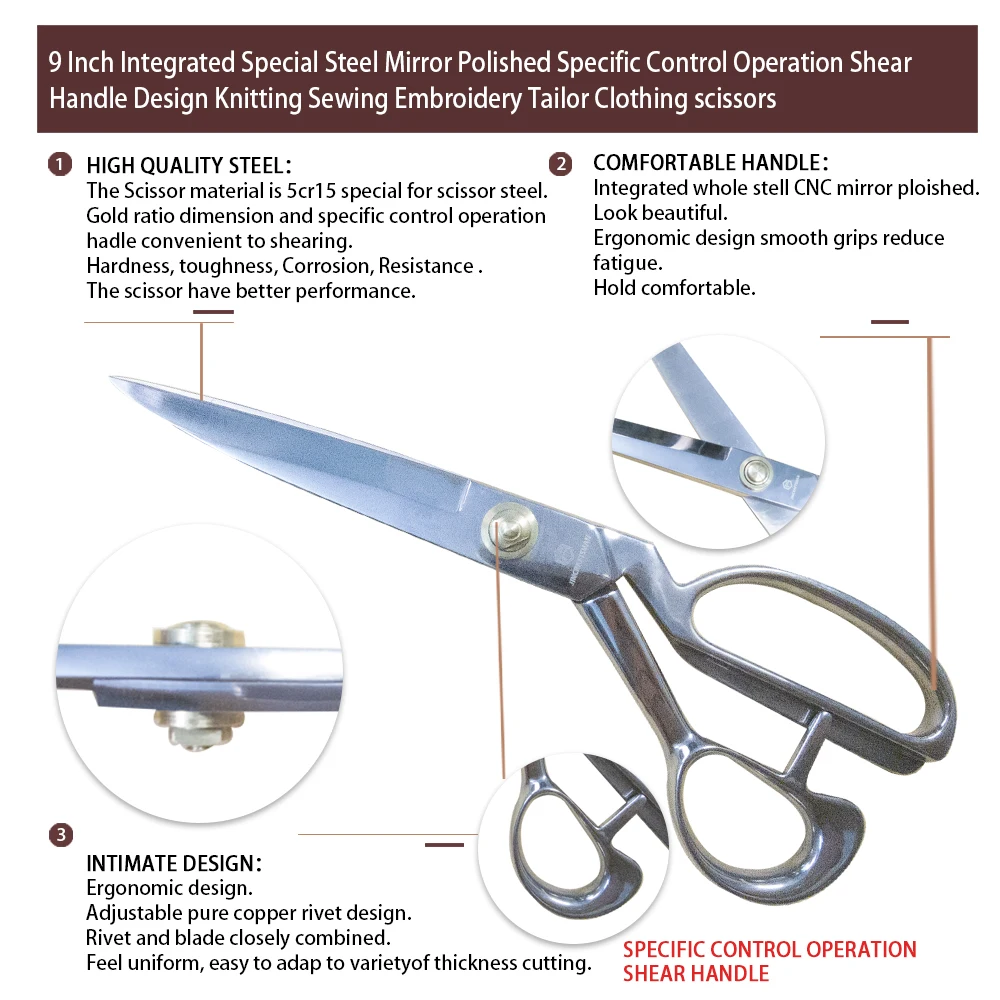 Jincrafsman®-9 pollici integrato lucidato a specchio Proffestional cucito manico a cesoia ricamo a maglia forbici per abbigliamento su misura