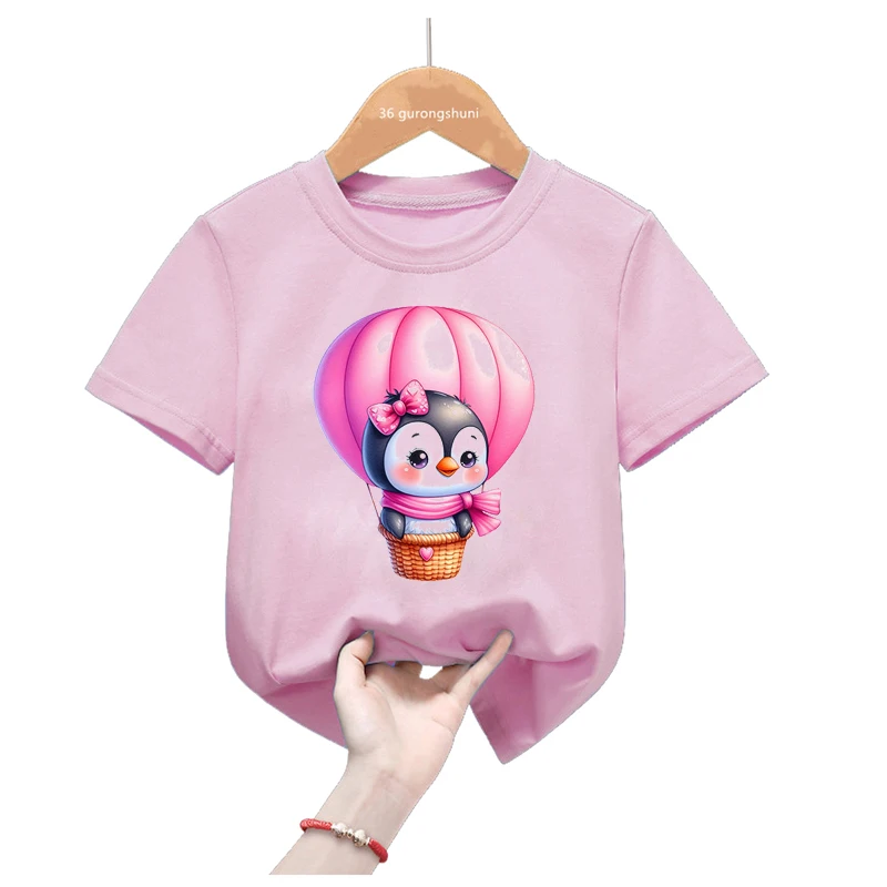 Cute Penguins Love Balloons Printed Pink T Shirt Girls/Boys Funny Kids Clothes Harajuku Kawaii Tshirt Summer Fashion T-Shirt