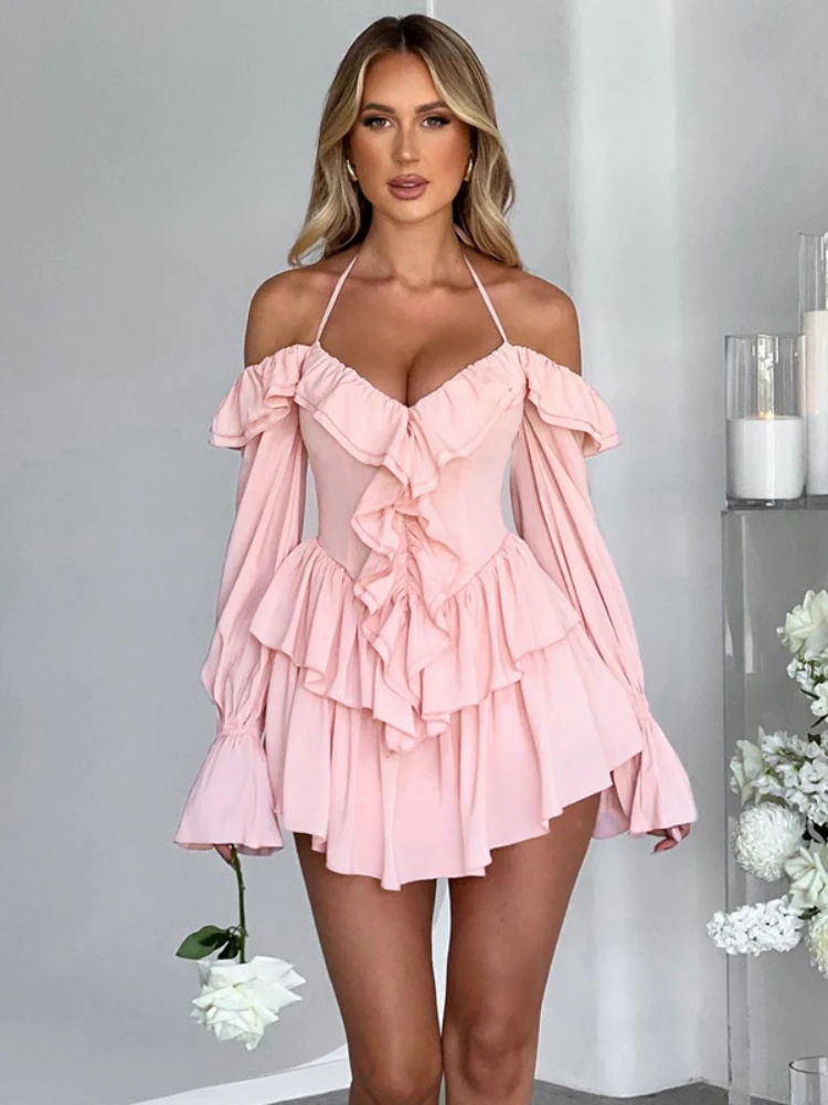 

Leosoxs Elegant Sexy Dress Women Autumn Trend Lace-Up Ruffles Stretch Halter Mesh Flared Sleeves Pleated Hem Wedding Bodycon