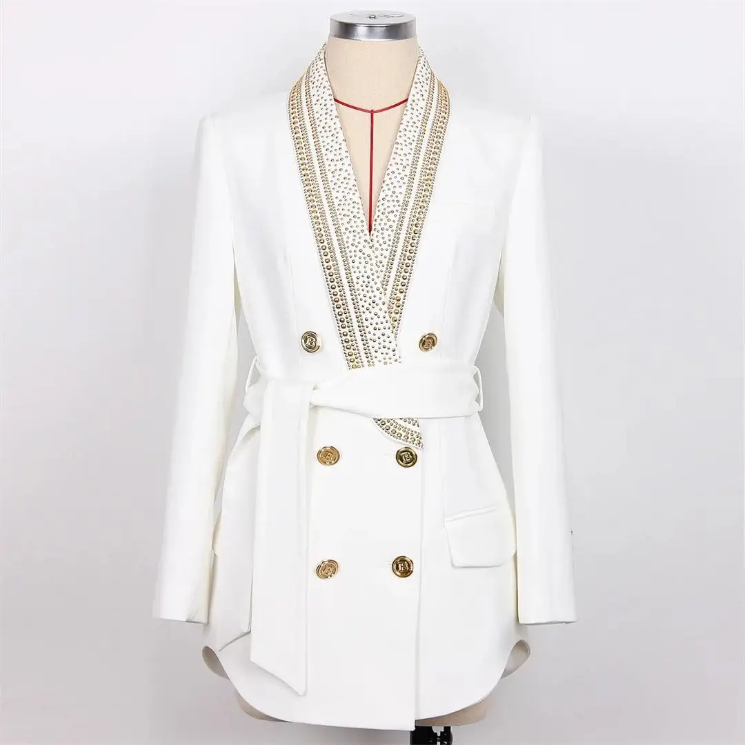 Vintage Gold Sequined Beads Shawl Collar Lace-up White For Women Retro PLUS SIZE