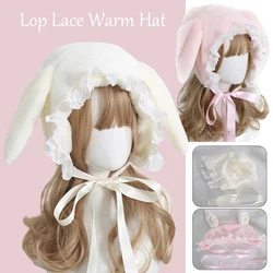 Estilo japonês doce fofo bonito lop-eared coelho chapéu lei feng chapéu rendas lolita earmuffs boné todo o jogo de pelúcia inverno quente chapéu