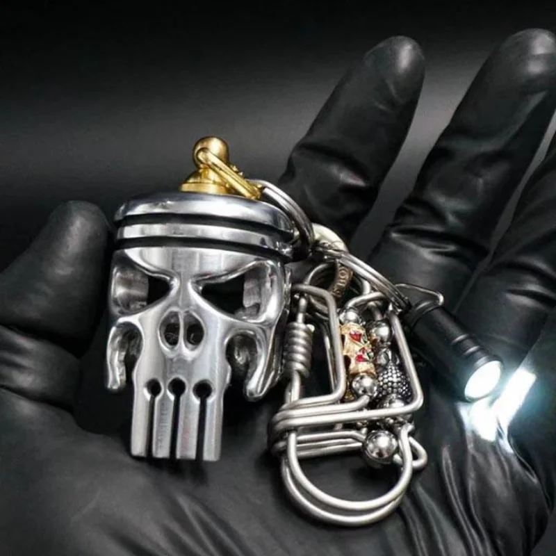 Piston Art Keychain Skull Pendant Decor Accessories For Men Women Alloy Skeleton Keychains Keyring with Flashlight and Bottle